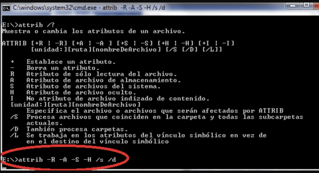 Atributos para eliminar virus en unidad usb en windows