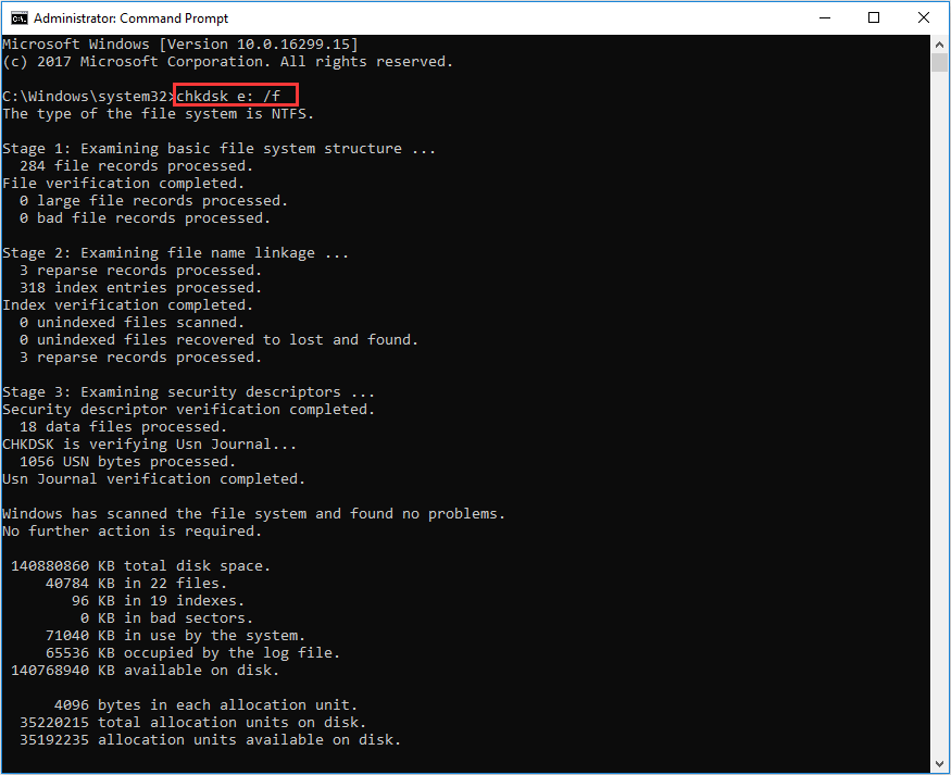 exécuter chkdsk / f pour corriger les erreurs de disque