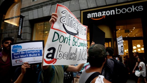 Protest in front of an Amazon bookstore in New York City