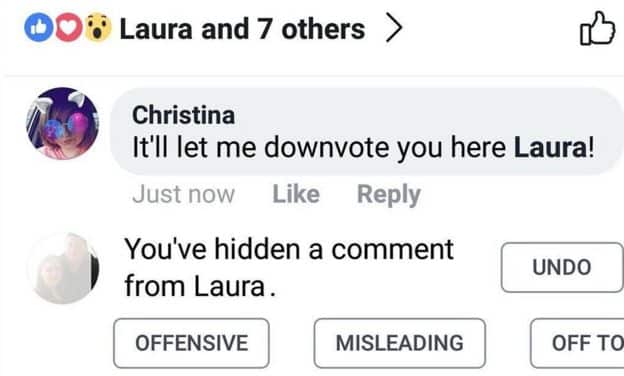 Message Facebook qui dit : You've hidden a comment from Laura