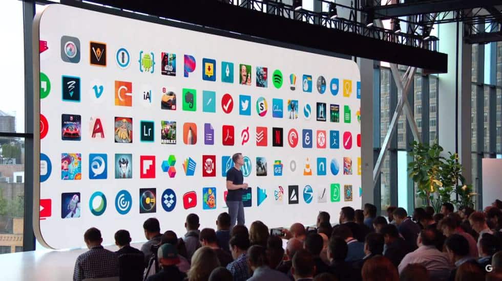Escenario de Google mostrando el Home Hub y otros productos