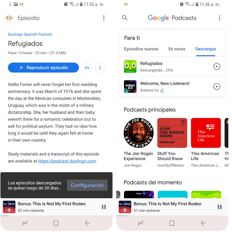 Opción de descarga de episodios para escuchar sin conexión