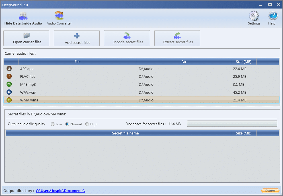 Ventana principal de DeepSound: lista de archivos carrier y panel de archivos secretos