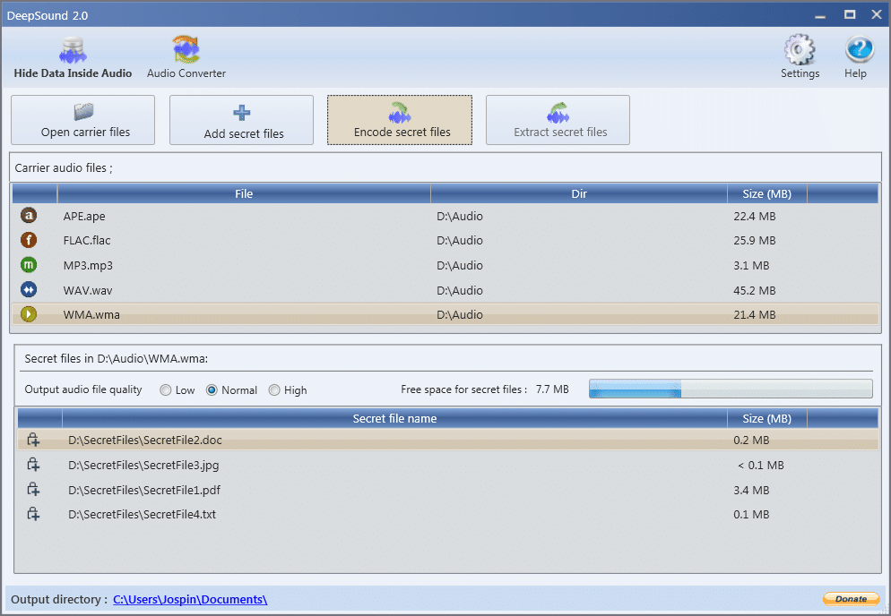Diálogo de codificación: selección de formato y cifrado en DeepSound