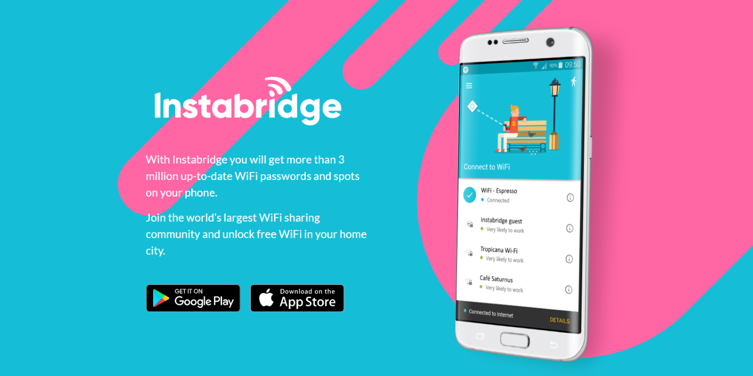 Pantalla promocional de Instabridge mostrando puntos Wi-Fi compartidos