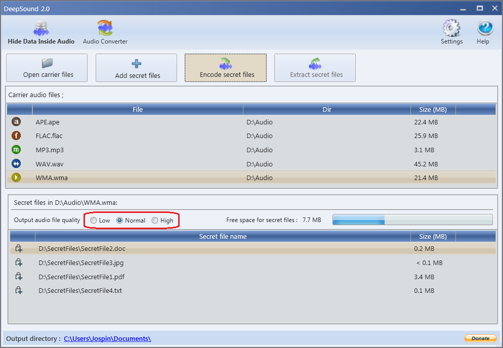 Panel de configuración de calidad de salida en DeepSound