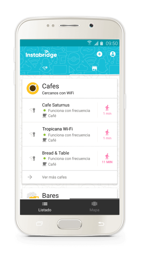 Interfaz de Instabridge con lista de redes y botón de conexión automática